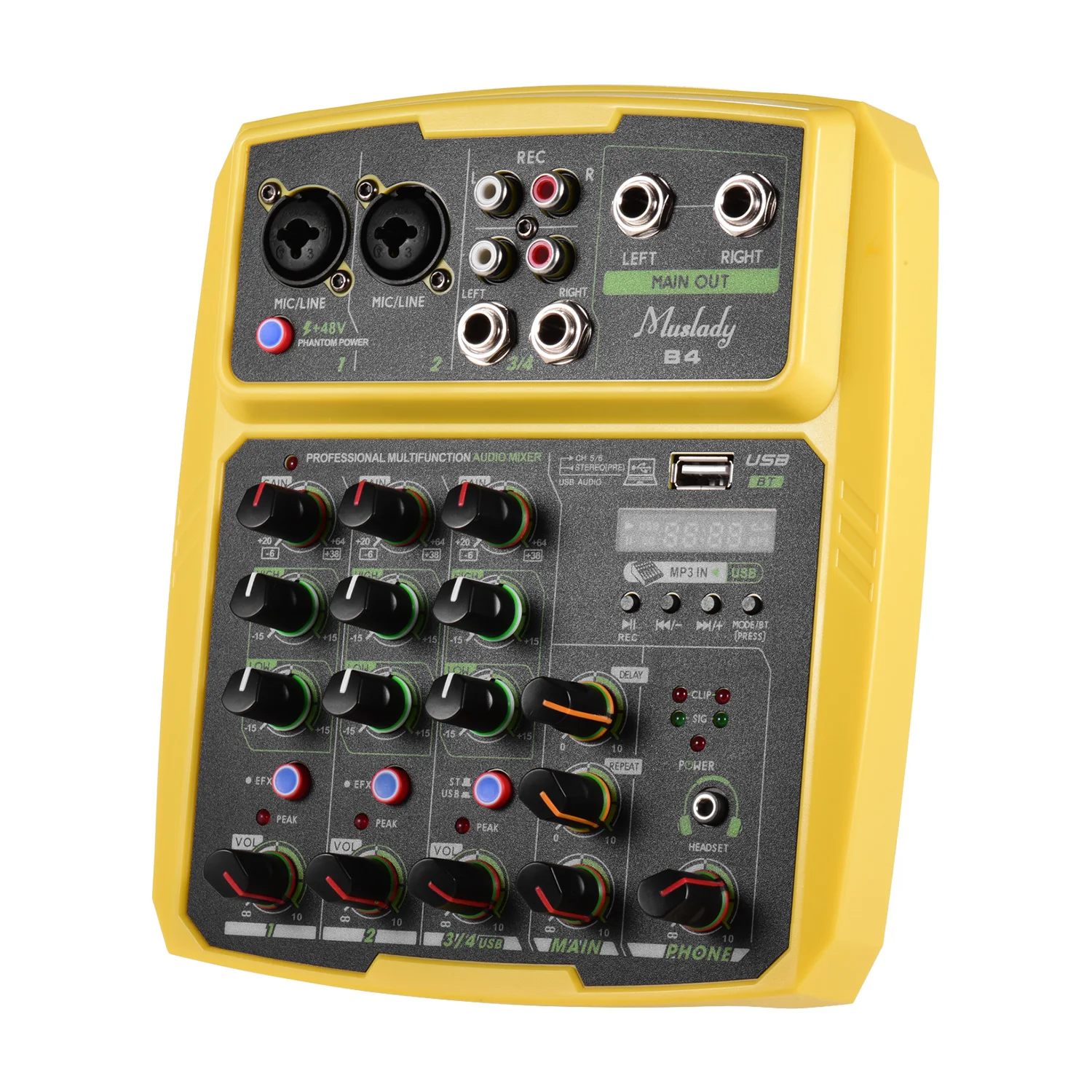 

Muslady B4 Портативный 4 Каналы звукомикшер USB микшерный пульт поддерживает установления соединения BP с звуковая карта встроенная 48В Мощность