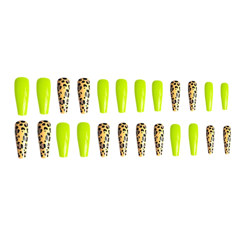 24pcs Leopard Fake Press on Nail Art Long Fluorescent Yellow with Designs Glue Coffin False Nails Full Cover Stiletto Nail Tips
