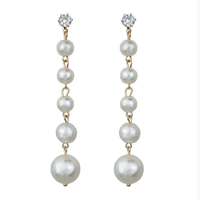

Elegant Created Big Simulated Pearl Zircon Long Earrings Pearls String Statement Drop Earrings for Women Wedding Party Gift