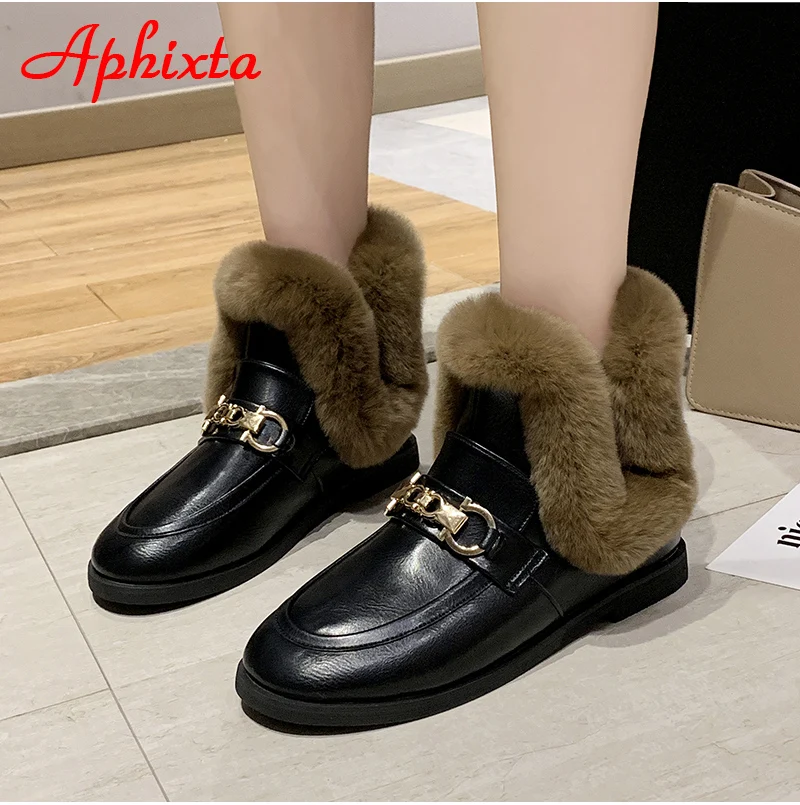 Aphixta; Новинка года; женские ботинки с пряжкой; женская кожаная обувь на меху; теплая плюшевая зимняя новая женская обувь; модные зимние ботинки