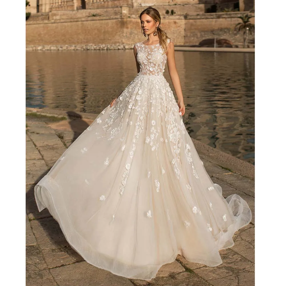 

boho Bridal Gown 2021 new Sexy Boat Neck Bride Wedding Dress Luxury Flowers lace Crystal Vestido de novia Robe de mariee