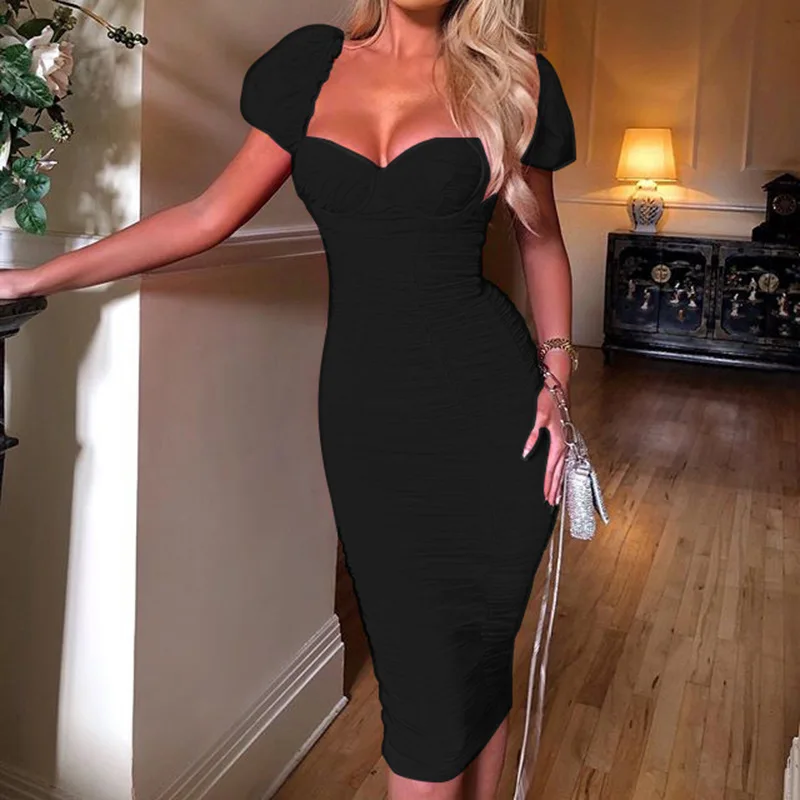 

Explosive Women's Solid Color Short-sleeved V-neck High-waist Sexy Queen Temptation Dress and Hip Pleated Tight Skirt