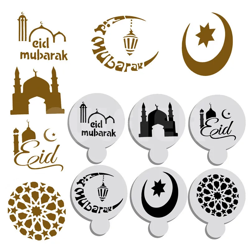 

6pcs/set Ramadan Eid Mubarak Lamp Design Cake Stencils, Mosque Coffe Decorating Stencil Biscuit Mousse Cake Template