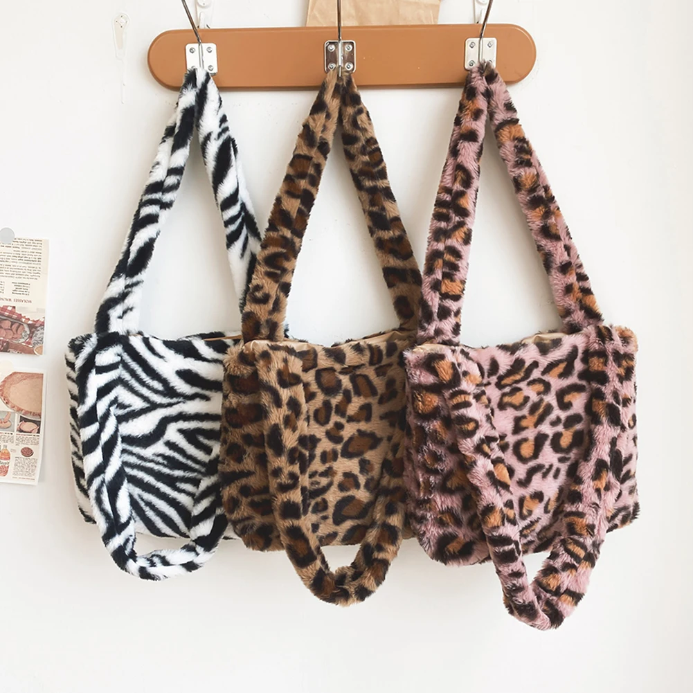 

Fashion Women Shopper Bag Animal Pattern Print Plush Shoulder Bag Female Casual Autumn Winter Large Capacity Tote Handbag