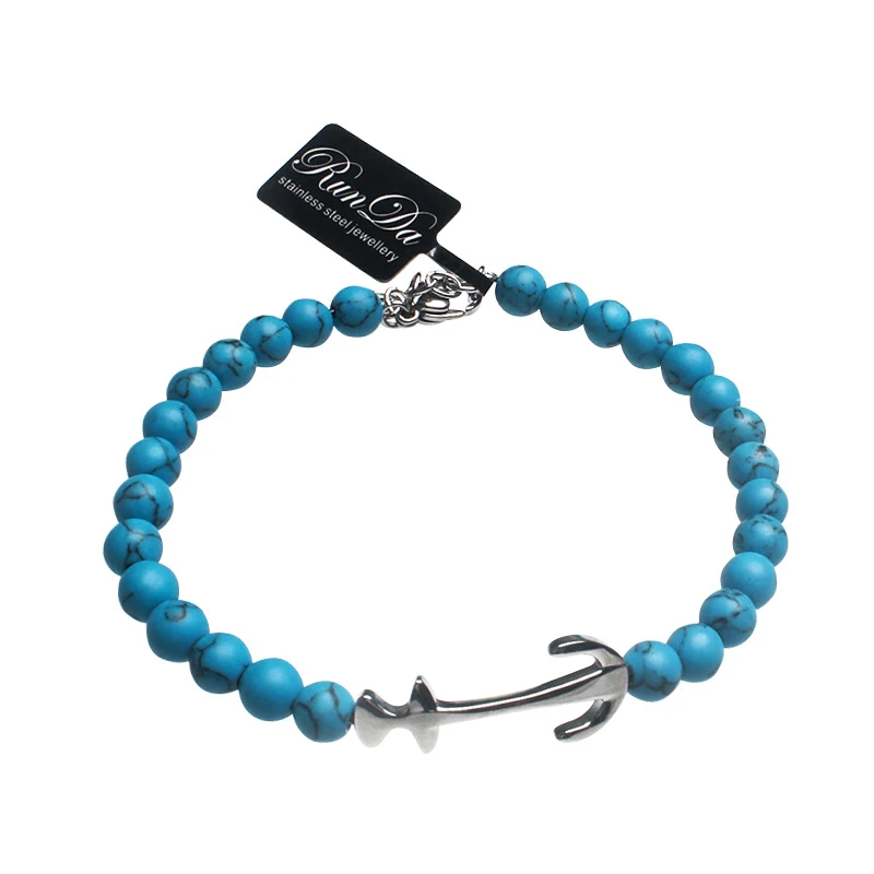 

Runda Men And Women Beaded Bracelet Blue Natural Stone 16+3Cm Anchor Stainless Steel Jewelry Handmade Fashion New Products