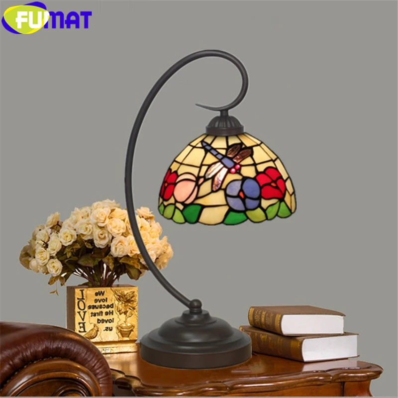 

FUMAT dragonfly orchid table lamp tiffany desk light fishing home decor handicraft Italy Franch Spain ligthing stained glass