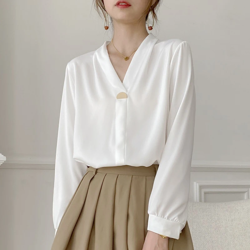 

2021 Spring Autumn Women's White Loose Blouse Elegant Long Sleeve Tops Shirt Female Casual Korean Chiffon Blouse camisas mujer