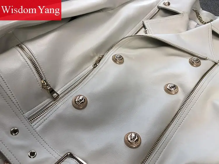 Genuine Sheepskin Leather Short Jackets Coat Womens Autumn Black White Khaki Biker Coat Moto Zipper Ladies Streetwear Outerwear