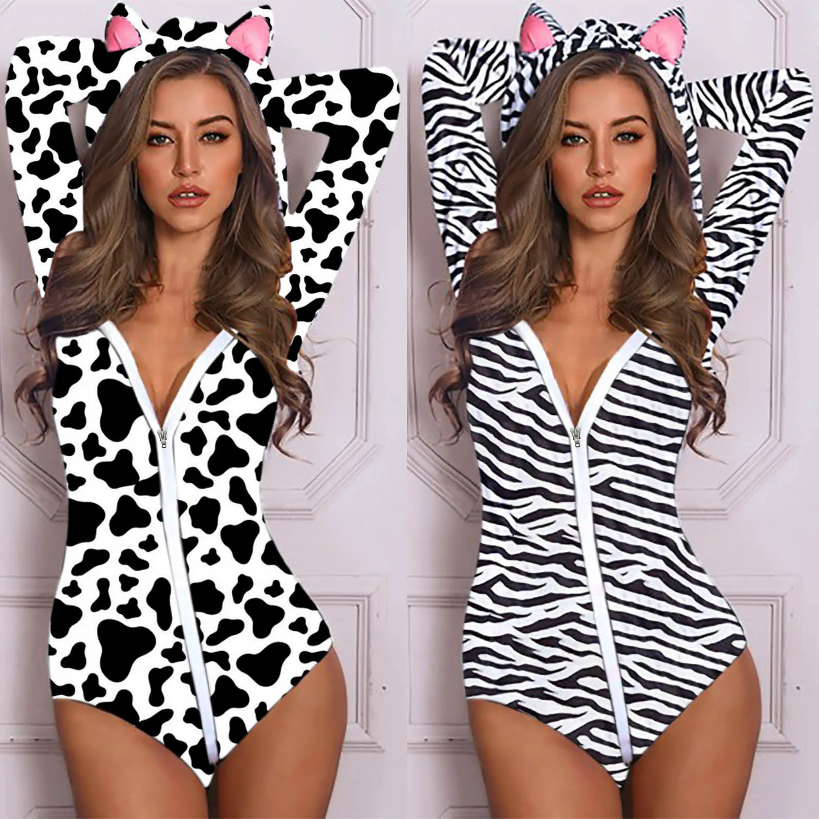 

Women Fashion Hooded Cat Ear Cute Long Sleeved Cows Printed Pajamas Jumpsuit