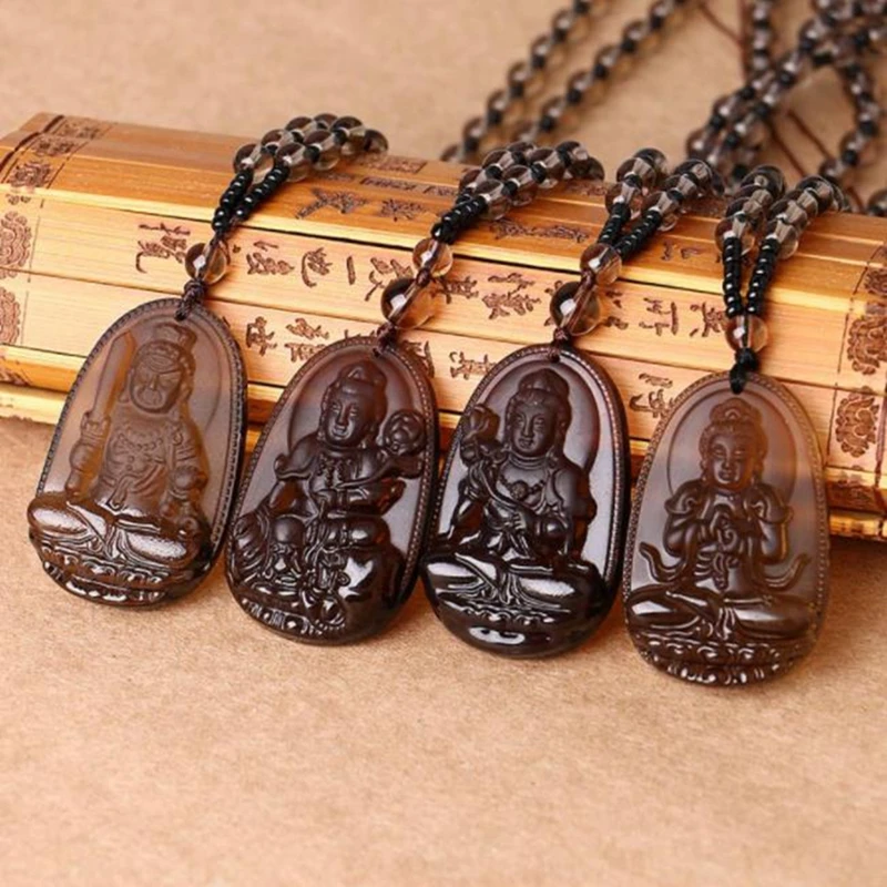 Ожерелье из натурального обсидиана ручной работы китайский Будда амулет на