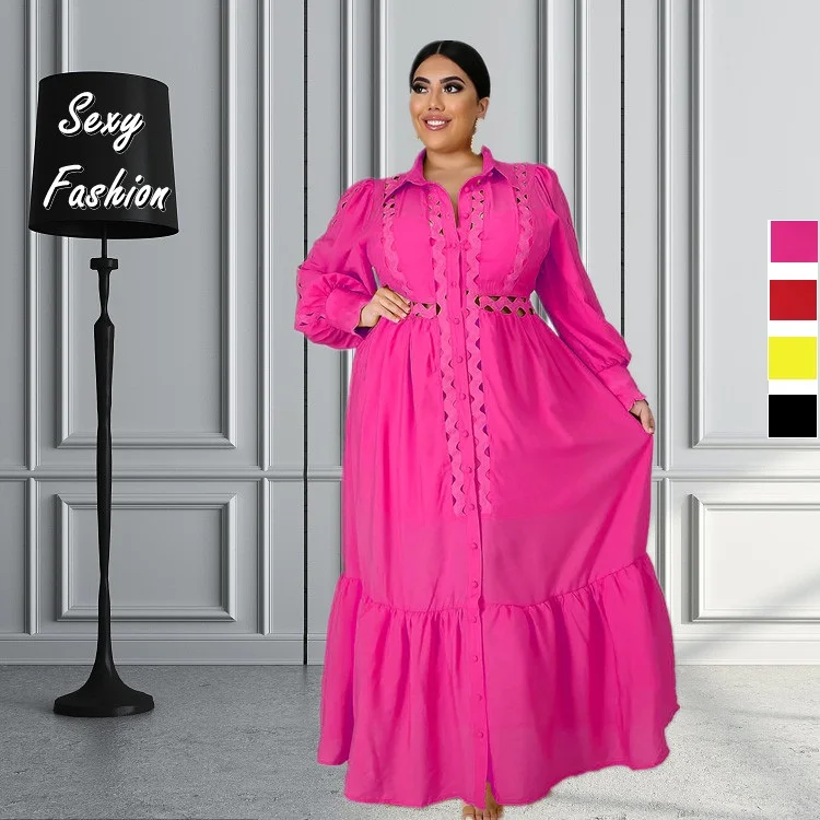 

Somoshein Plus Size Fall Clothes For Women Maxi Dress Hollow Out Elegant Lapel 5xl Dresses Solid Color Wholesale Dropshipping
