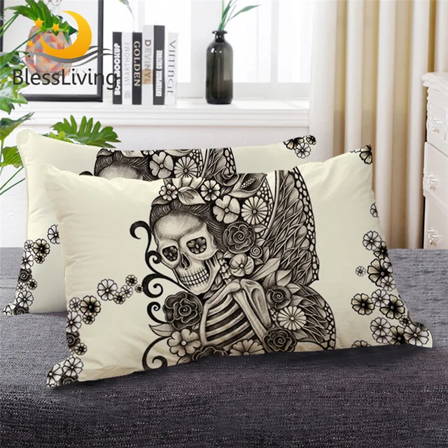 BlessLiving Gothic Skull Sleeping Pillow Retro Butterfly Rose Down Alternative Body Pillow Black Beige Skeleton Bedding 1pc 1