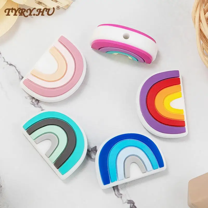 TYRY.HU-Cuentas de silicona de arco&iacute;ris para beb&eacute;, cadenas de chupete de dibujos animados, accesorios de juguete, sin BPA, 10 unids/lote-0