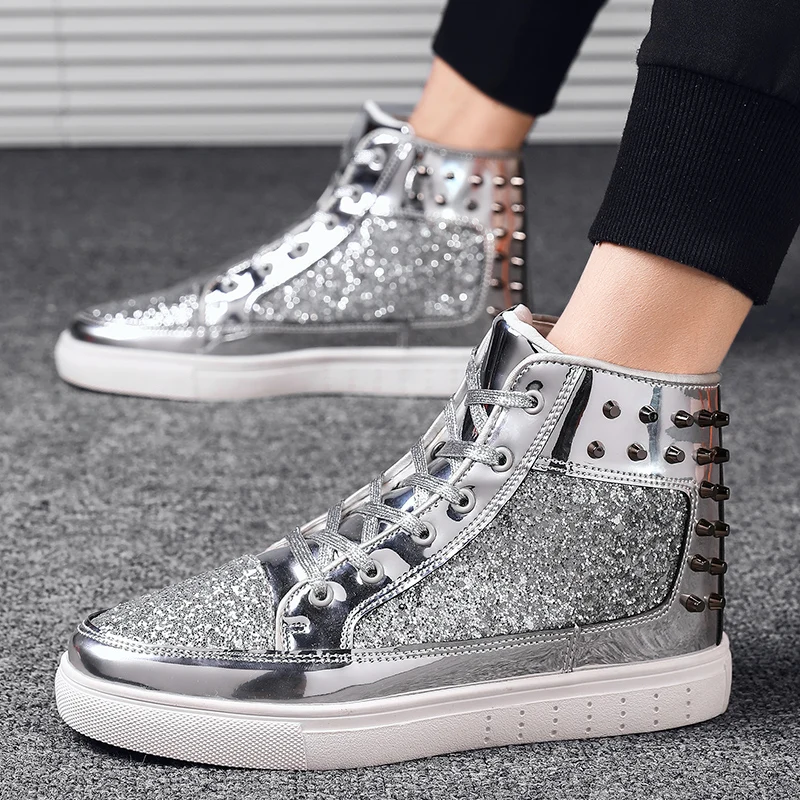 2020 Spring Autumn Unisex lace up bling shoes Male Gold Silver Studs High Tops Men Super cool Sneakers Couple Glitter Flats | Обувь