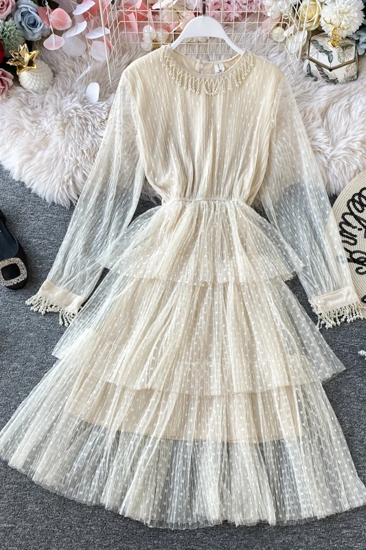 2020 весенне осеннее Новое корейское кружевное газовое платье с длинными рукавами