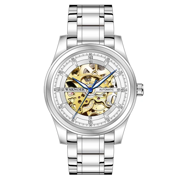 silver white Часы waknoer мужские светящиеся механические часы Скелет роскошные золотые автоматические мужские часы водонепроницаемые часы из нержавеющей стали - Цвет: silver white