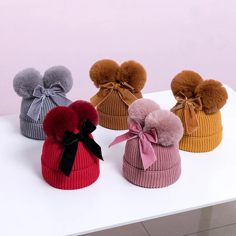 

Cute Bow Baby Hat Winter Thicken Warm Knitted Caps With Double Pompom Infant Boys Girl Beanie Cap High Quality Girls Bonnet