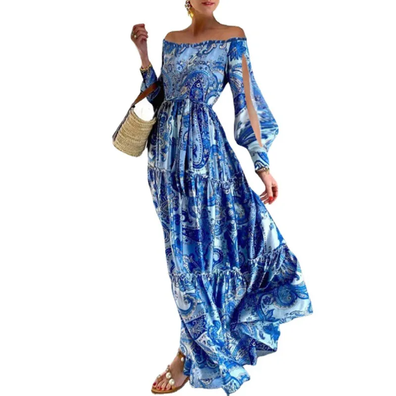 

Ladies' Bohemian Style Floral Print High Waist Slash Neck A-Line Long Dresses