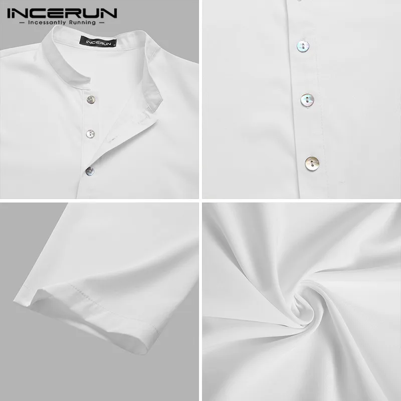 

Solid Color Button Islamic Blouse INCERUN Vintage Men Muslim Shirts Man Long Sleeve Stand Collar Suadi Arabic Long Clothing 5XL