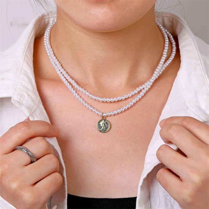 

EN 2021 Kpop Double Layer Chain Gold Fashion Choker Cute Romantic Women Pearl Pendant Necklace Girl Jewelry Collar Necklace New