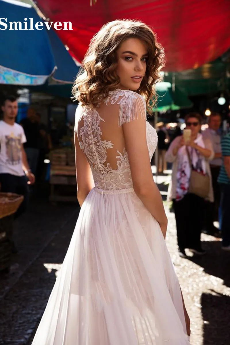 Smileven Sexy Beach Wedding Dress Cap Sleeve Appliques Bride Dresses Side Split Spaghetti Strap Vestido De noiva Gowns | Свадьбы и