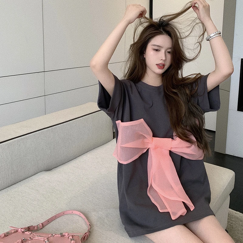 

KUSAHIKI Woman Tshirts 2021 Summer New Short Sleeve O-neck Tops Shirt Korean Mesh Bowknot Patchwork Causal Graphic Tee 6H916