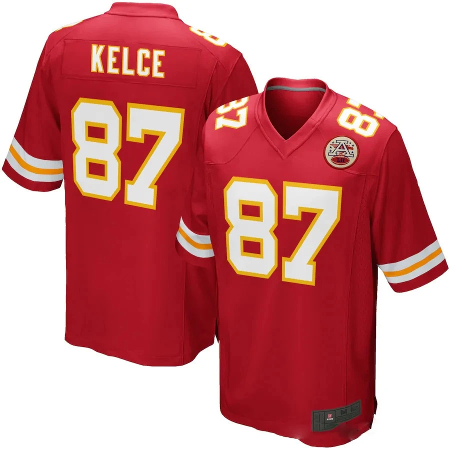 

Bilok New Embroidery American Jersey Kansas City Chiefs 87# Travis Kelce Fans Wear Men Women Kid Youth Football Rugby Jersey