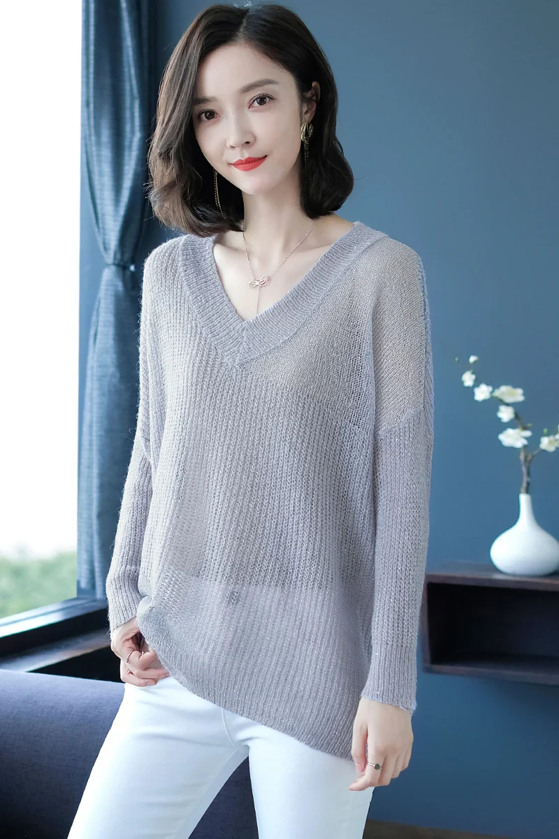 2019 осенний сексуальный полупрозрачный женский свитер с v-образным вырезом Чистый