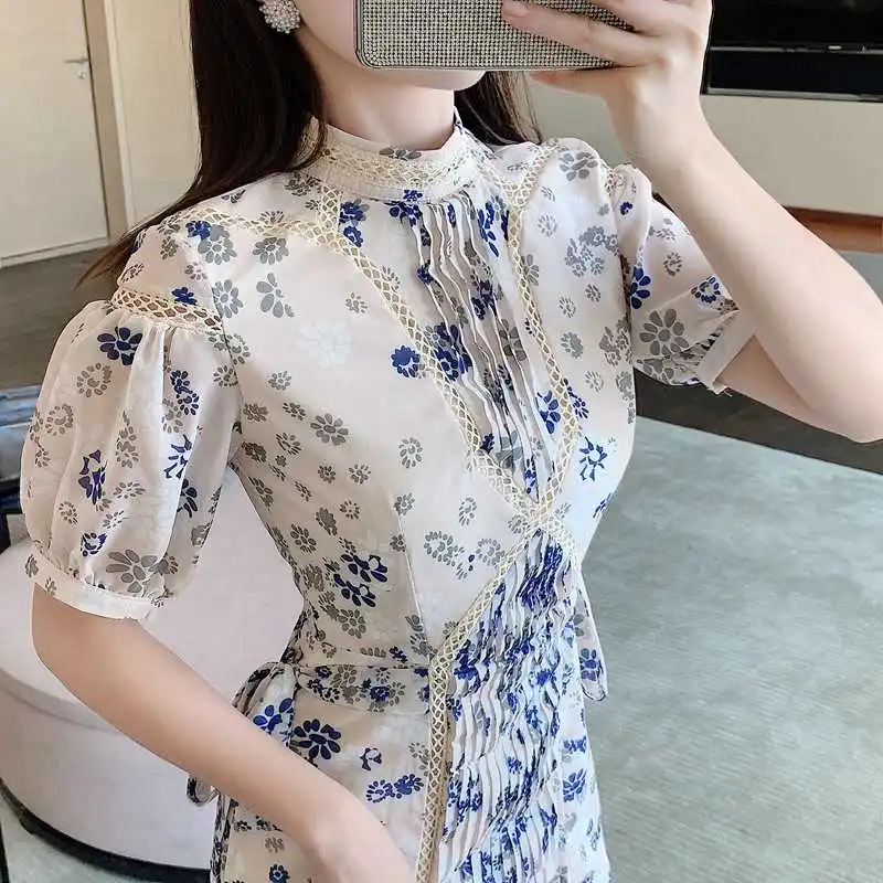

Party Spring Luxury High Waist Dresses Women Vintage A-Line Short Puff Sleeve Elegant Lace Mini Dress 2021 Boho Embroidery Print