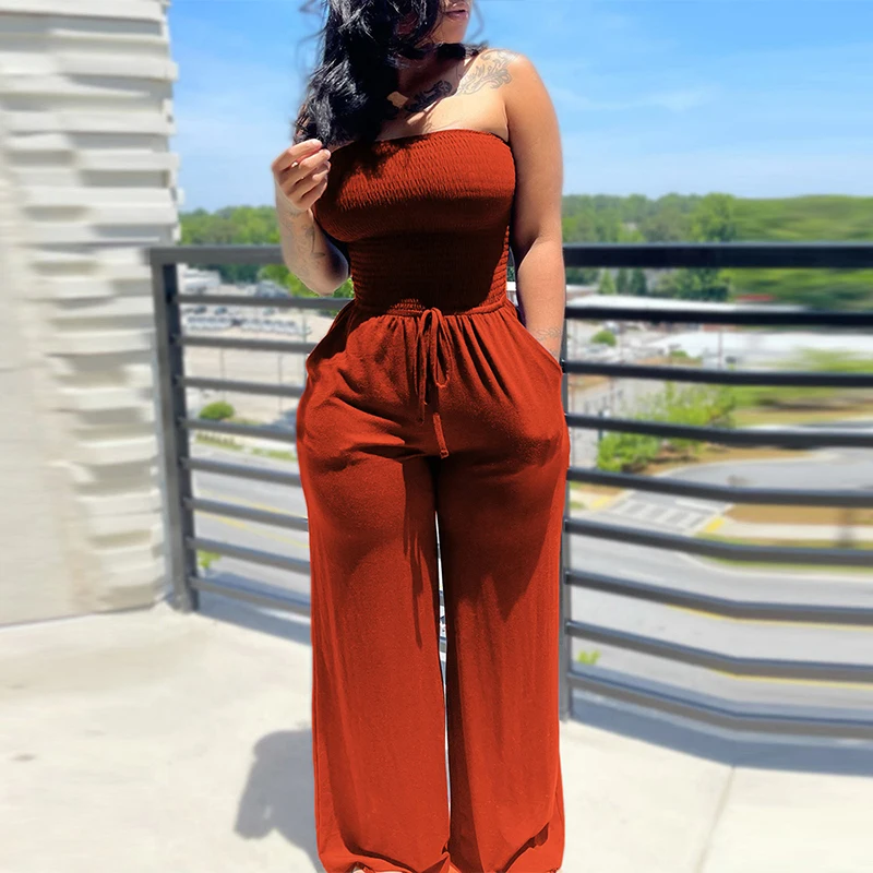 

Summer Sexy Off shoulder Wrap Women Party Rompers Office Lady Slash Neck Lace-Up Jumpsuits Casual Wide Leg Pants Solid Overalls