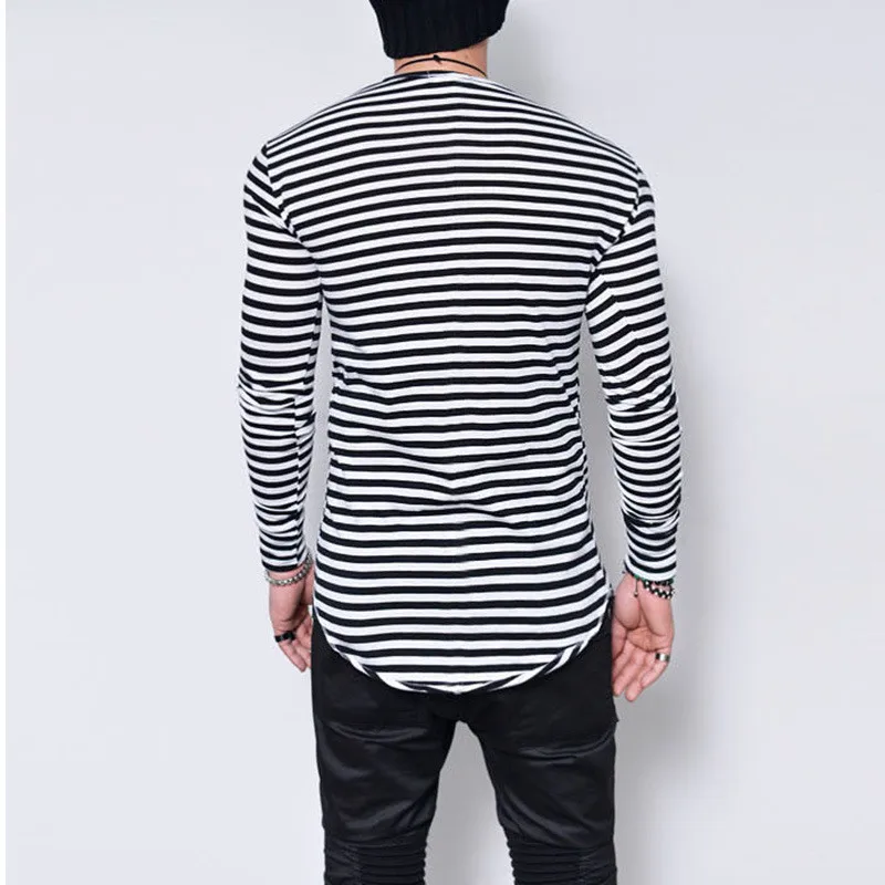 

Nice Pop Fashion Summer Men T-shirt Voguelong-sleeved Slim Striped T-shirt Men