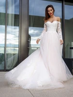 princess a line wedding dresses off the shoulder long sleeves tulle lace applique bride dress court train beach bridal gowns