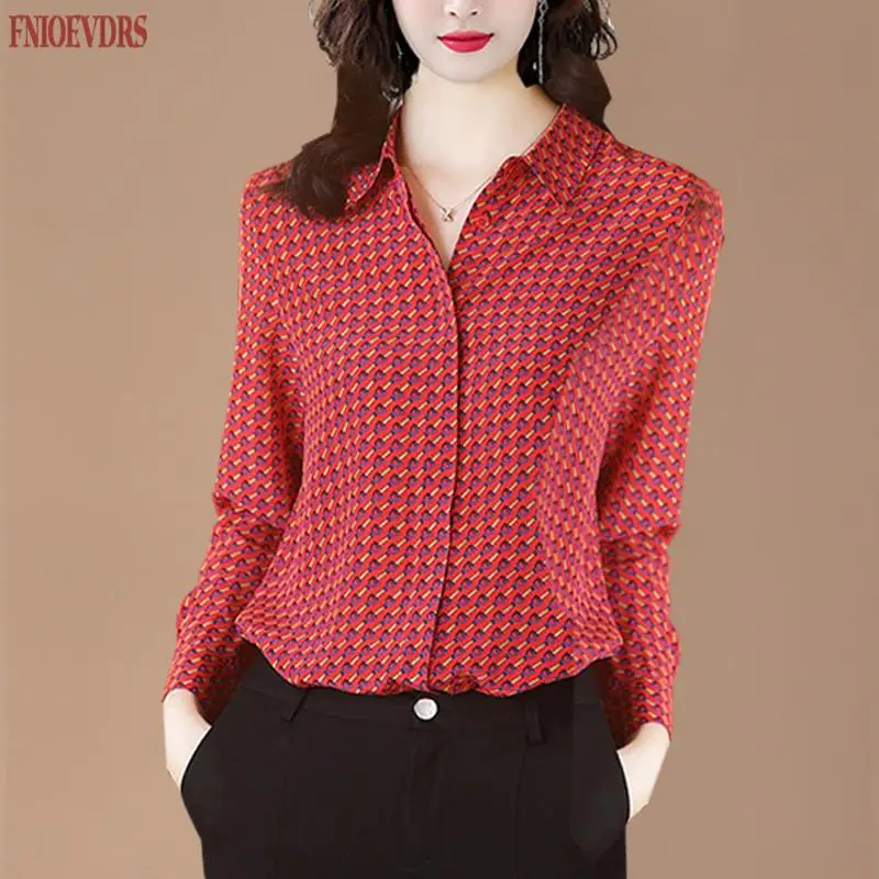 

New Simple Blouse Women Button Vintage Women Shirts Blue Turn Down Collar Female Clothing Print Tops