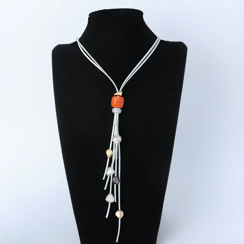 

Amorcome Vintage Geometric Irregular Metal Beads Pendant Long Necklace Leather Tassel Women Sweater Chains Winter JewelryBijoux