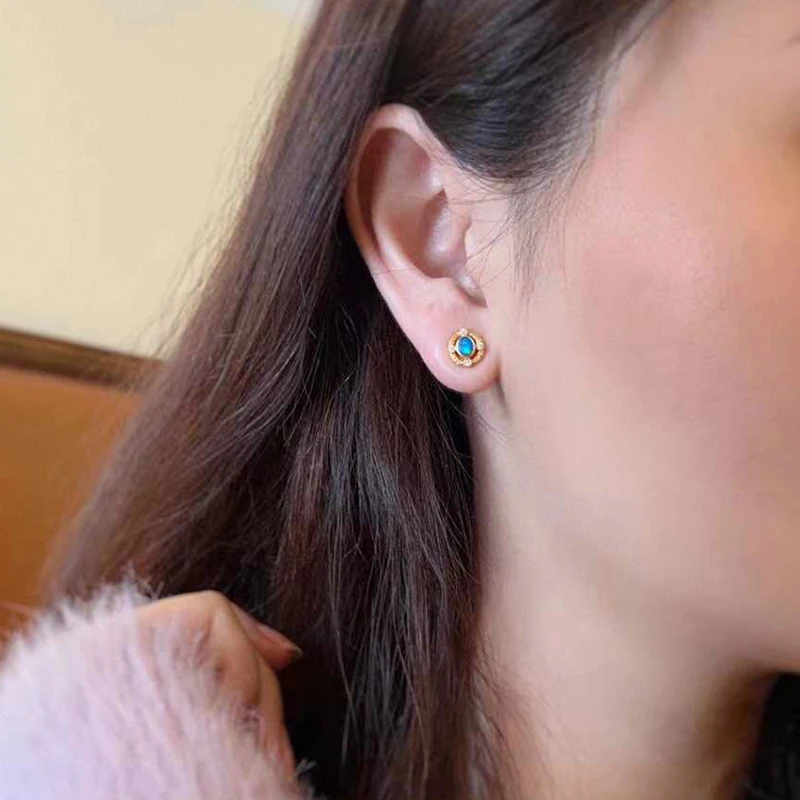 

AINUOSHI 18K Gold Oval Cut 0.15ct Natural Opal Real 0.10ct Diamond Wheat Shaped Stud Earrings For Women Elegant Vintage Jewelry