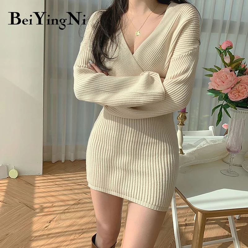 

Beiyingni женское сексуальное Клубное платье-свитер с V-образным вырезом, вязаное повседневное корейское модное облегающее мини-платье для женщ...