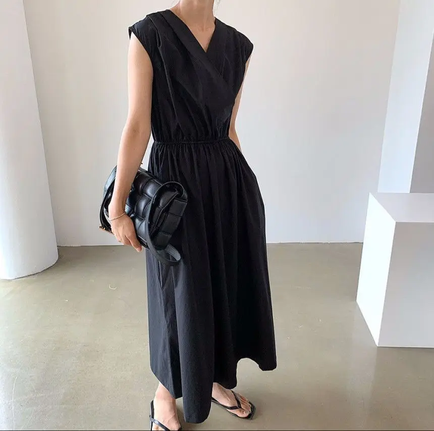 

HziriP Sleeveless Minimalist V-Neck Elastic-Waist Sweet 2021 Lace-Up Brief Sexy Summer Loose Solid A-line Dresses Vestidos