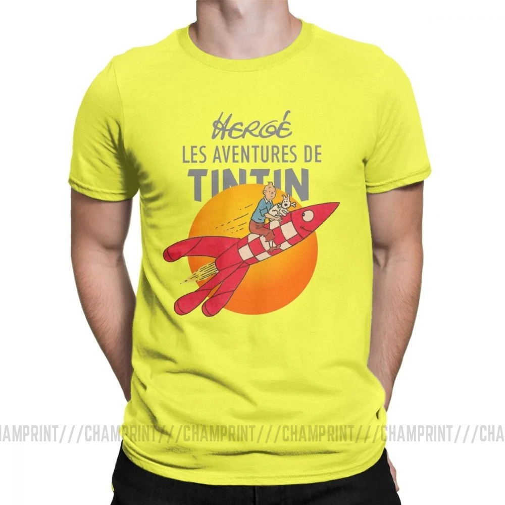 Мужские футболки TINTIN The adventures Of Tintin винтажные хлопковые футболки с коротким рукавом Одежда с вырезом лодочкой топы размера плюс - Цвет: Цвет: желтый