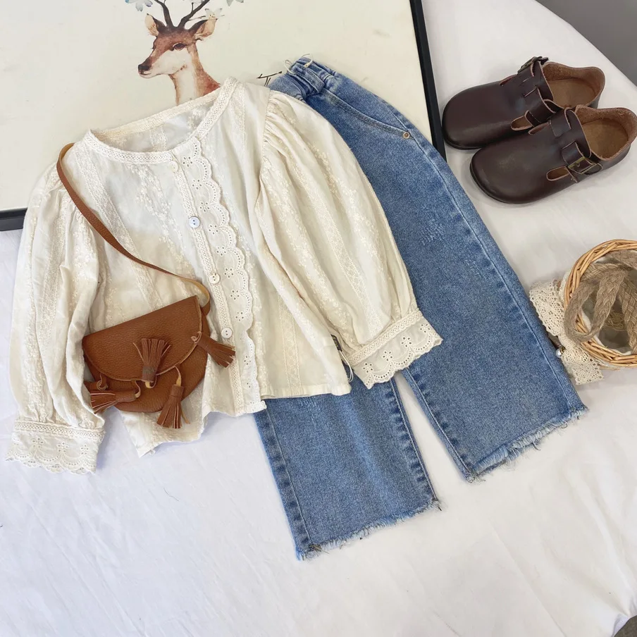 

Новинка 2021, одежда для девочек, рубашка с вышивкой, детская блузка с одной грудью, кружевная основа, топы