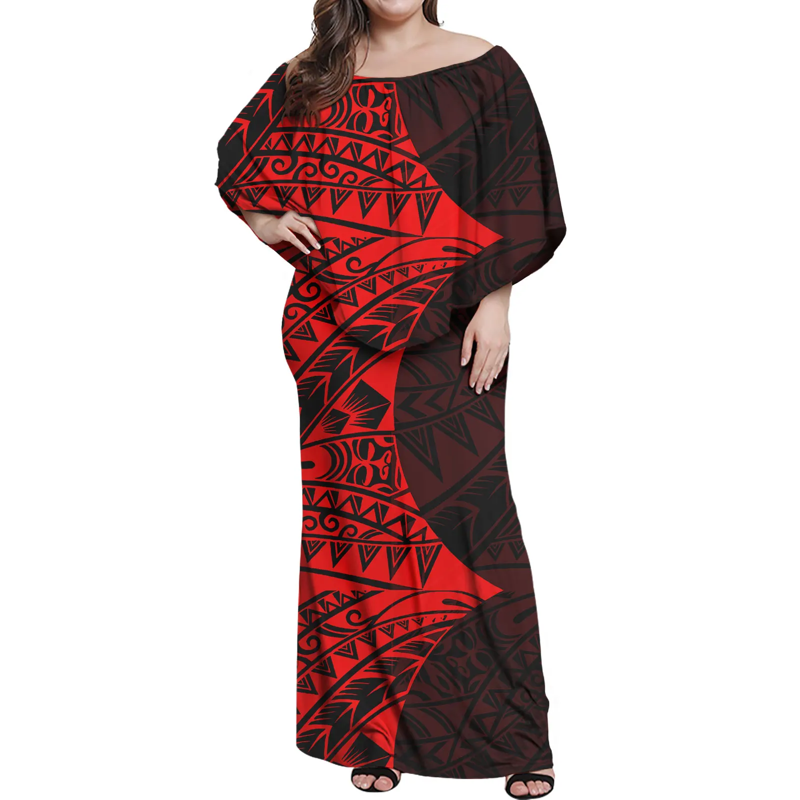

Fashion Red and black Frill Dress Women Party Elegant Summer Club Bodycon Dresses Samoan Puletasi Polynesian New Design