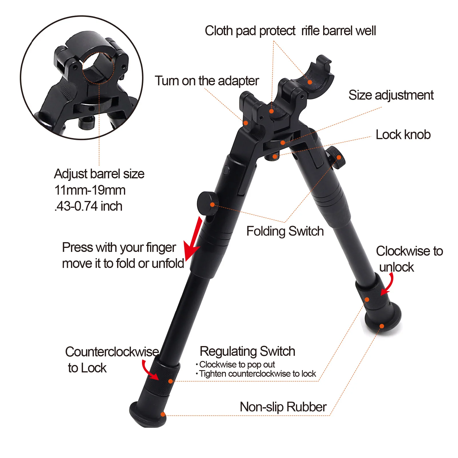 

Aplus 8"-10" Airsoft Bracket Round Head Clamp-on Barrel-Mount Folding Bipod Spring Return Rest Multi-function Aluminum Black