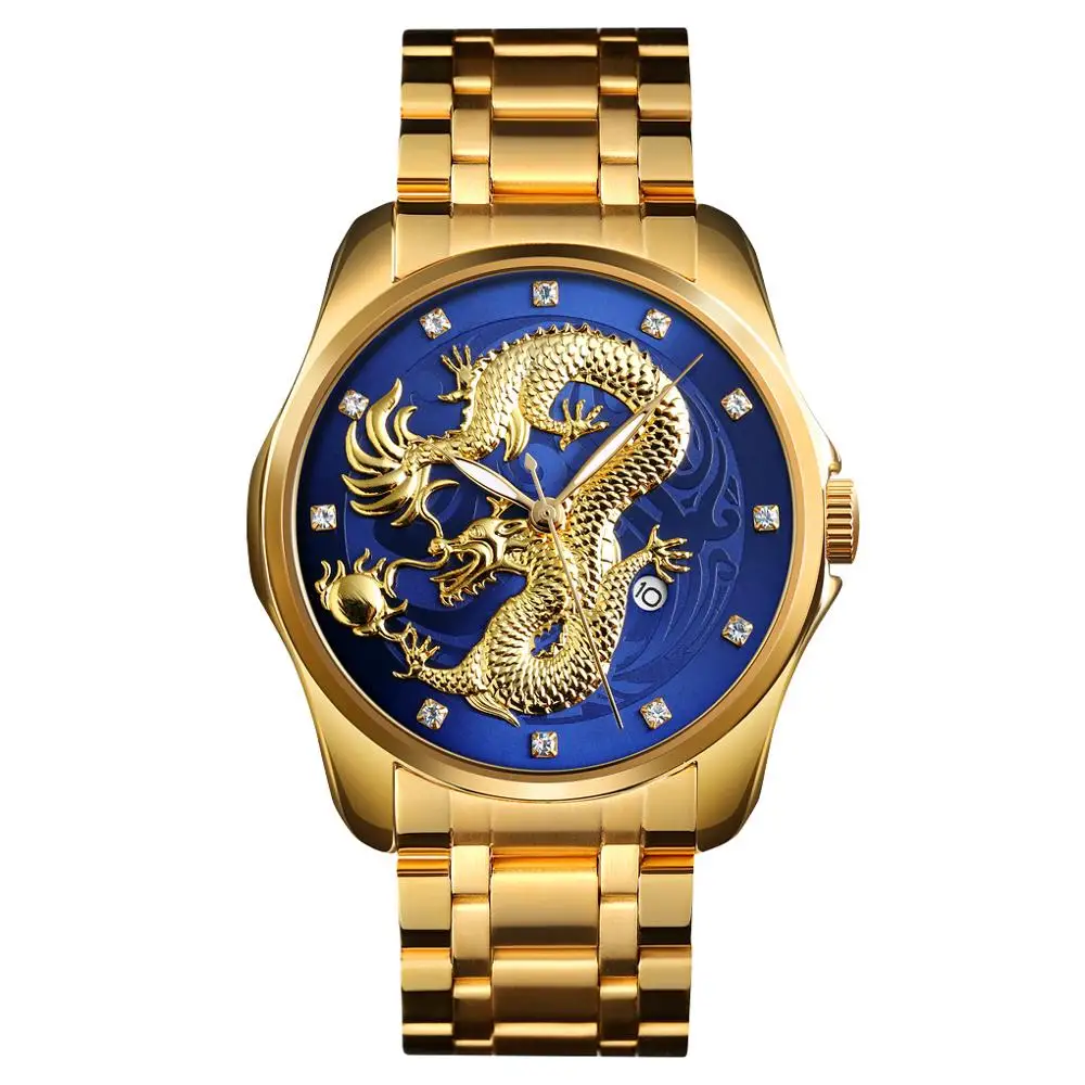 

SKMEI Golden Men's Watch Chinese Dragon Dial Stainless Steel Band Luxury Male Quartz Wristwatches Date Relogio Masculino 9193