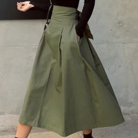 female autumn wild high waist big swing bow slim casual army green skirts new women spring skirts fashion solid color long skirt