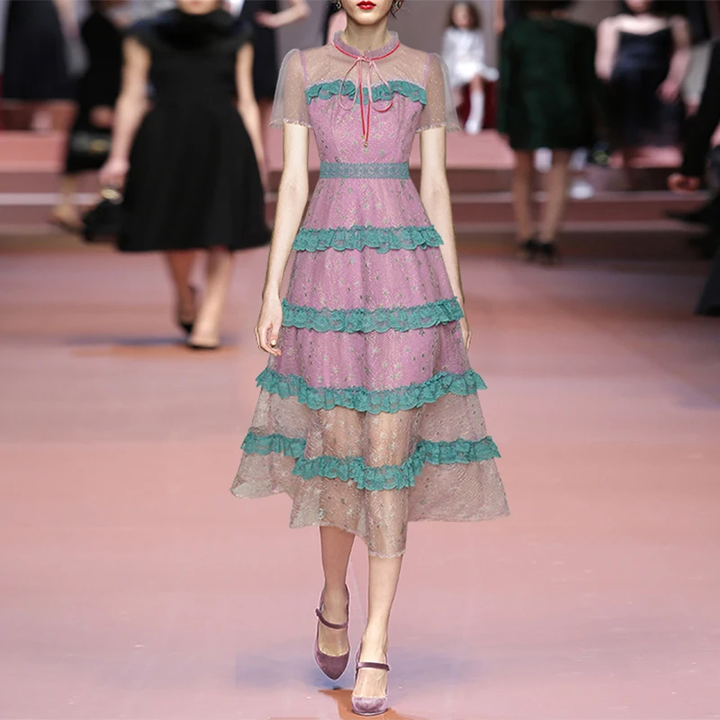 

2021 Fashion Runway Vintage Dress Women Mesh Lace Patchwork Ruffles Elegant Short Sleeve Party Dresses