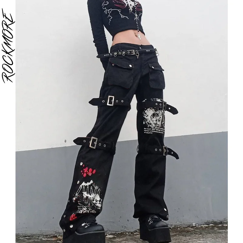 

Rockmore Gothic Print Jeans Woman Low Waist Cargo Pants Hip Hop Buckle Jean Streetwear Punk Denim Trousers Goth Mall Grunge