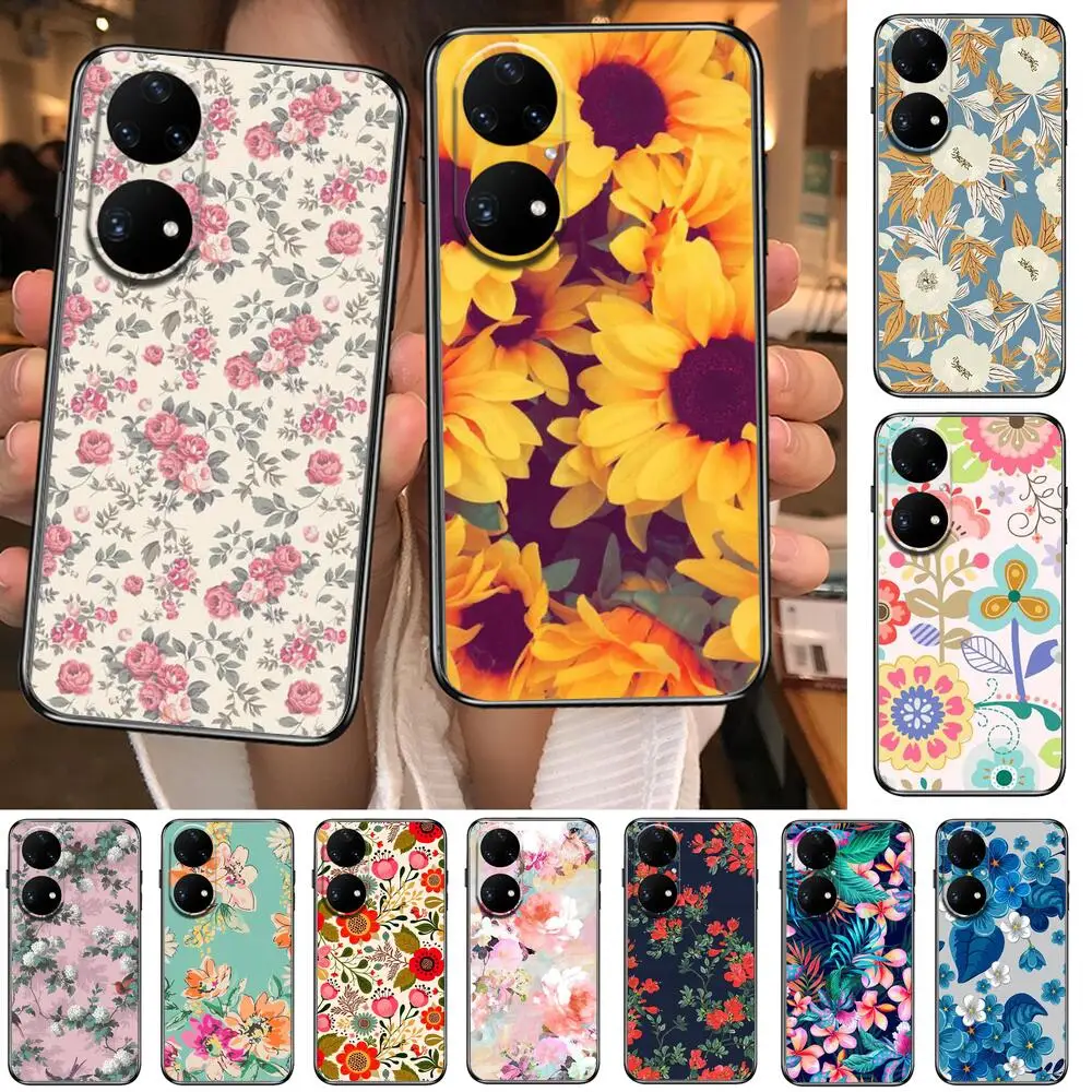 

Floral Beautiful Flowers Rose Sunflower Phone Case For Huawei p50 P40 p30 P20 10 9 8 Lite E Pro Plus Black Etui Coque Painting H