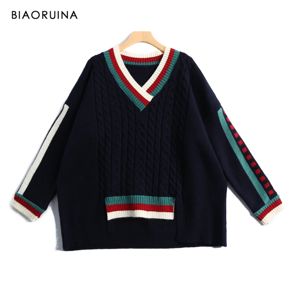 BIAORUINA Women's Fashion V-neck Stripes Contrast Color Oversize Knitted Sweater Office Lady Loose Warm Thick Winter Pullovers | Женская
