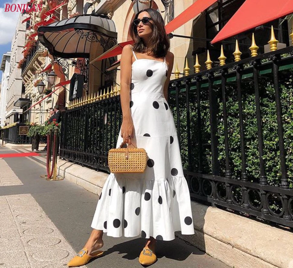 2019 женское сексуальное длинное платье в горошек стиле бохо с тонкими бретельками