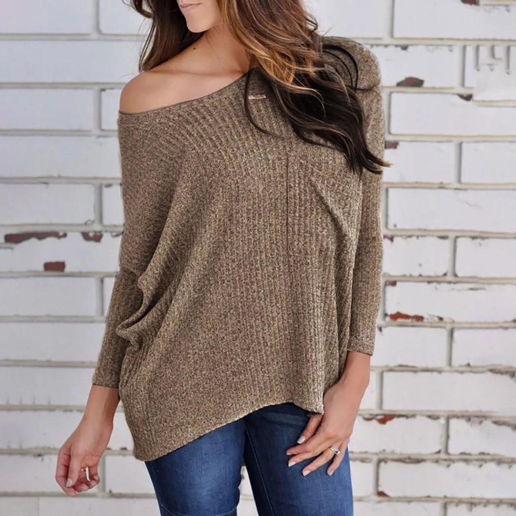 Women' Knitted Pullover Tops Loose Autumn Spring Off Shoulder Sweater Long Sleeves Solid Color Casual Knitwear Jumper Hot A30823 | Женская