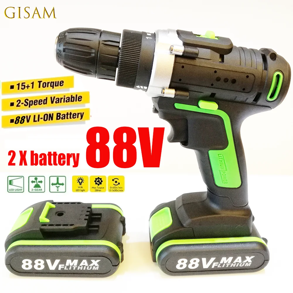 

Cordless Electric Hammer Drill 88VF Double Speed Power Drills LED Lightin 28Nm Torque Electric Drill Screwdriver Lithium Battery